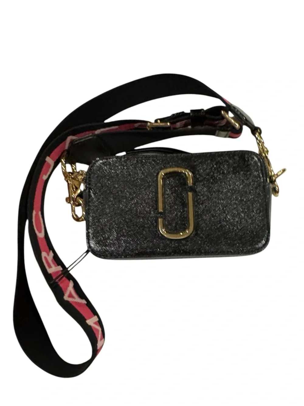 Marc Jacobs Black The Snapshot Crossbody Camera Bag with Pink Accent Strap Auth